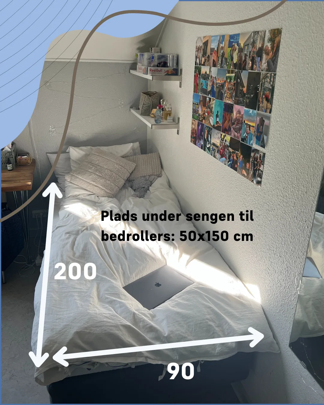 En seng med mål på, fra et værelse på efterskolen